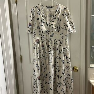 BloomChic Elegant Cream and Black Leaf Print Midi Dress